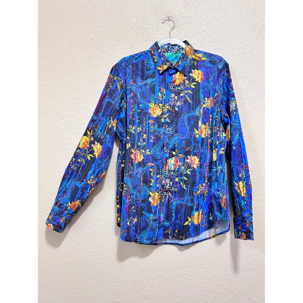 Robert Graham Size L Classic Fit Dragon Floral Print Blue Button Down Shirt